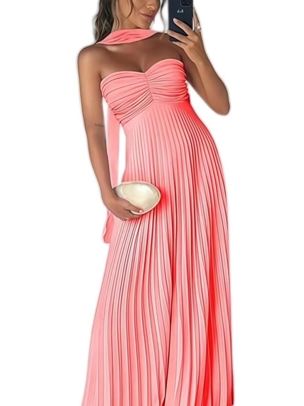 Strapless Coral Pink Pleated Evening Gown